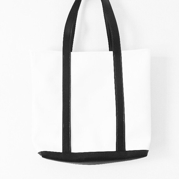 White & Black Faux Leather Tote Two Tone Shoulder School Bag