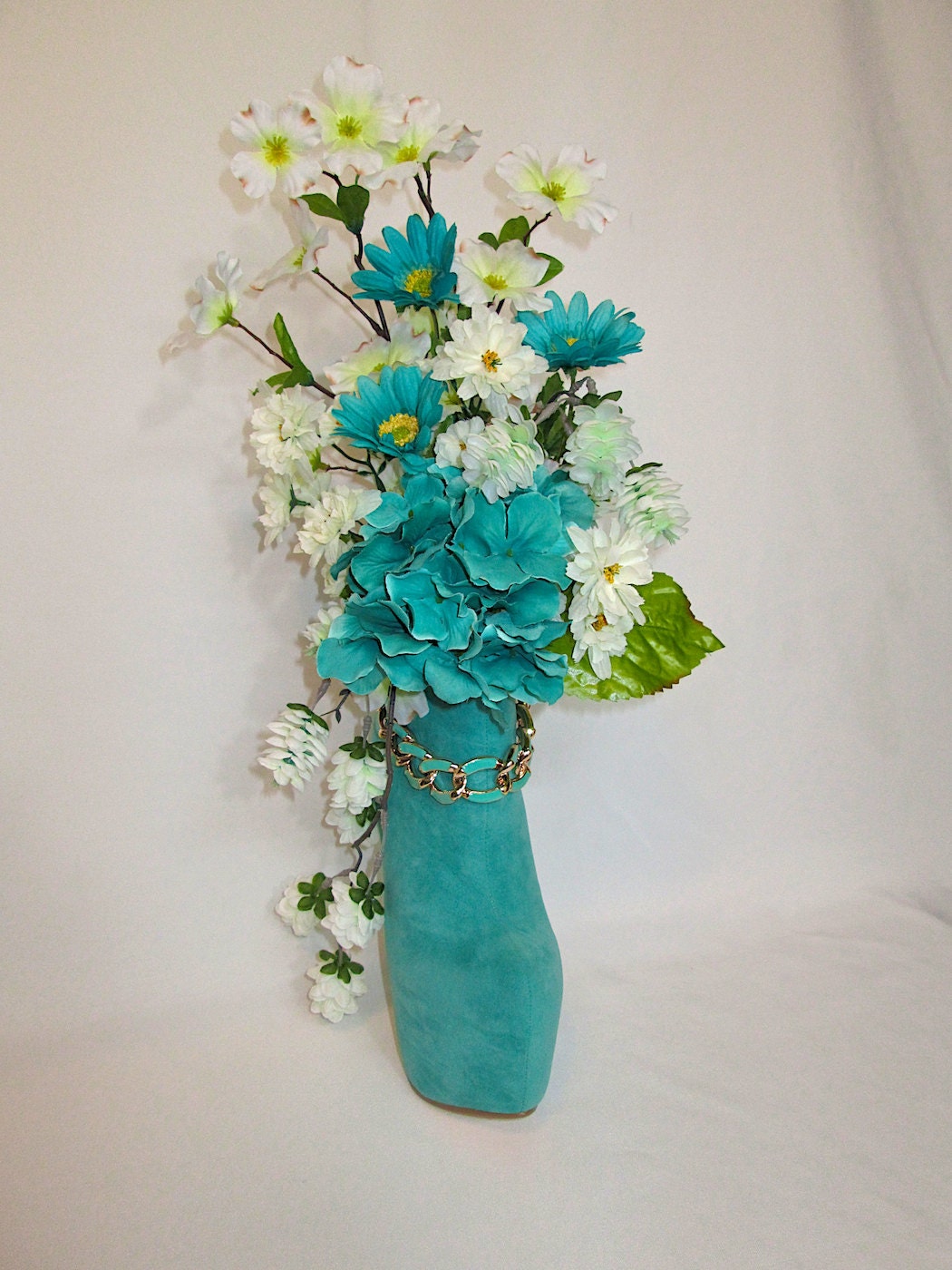 Silk Flower Arrangement with Aqua and White Daisies In An Aqua