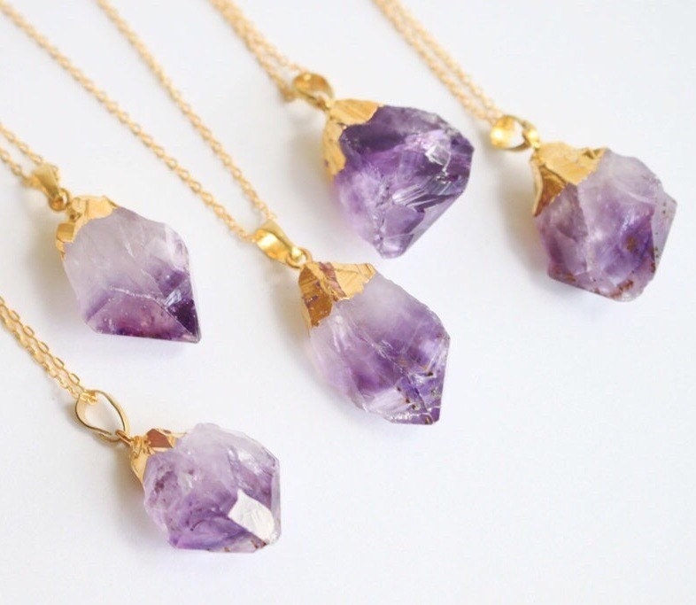 Amethyst Raw Crystal Necklace Quartz Necklace Dipped in Gold