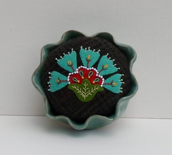 Handmade Felted Wool Teal Art Deco Floral Pin Cushion in a Pottery Dish