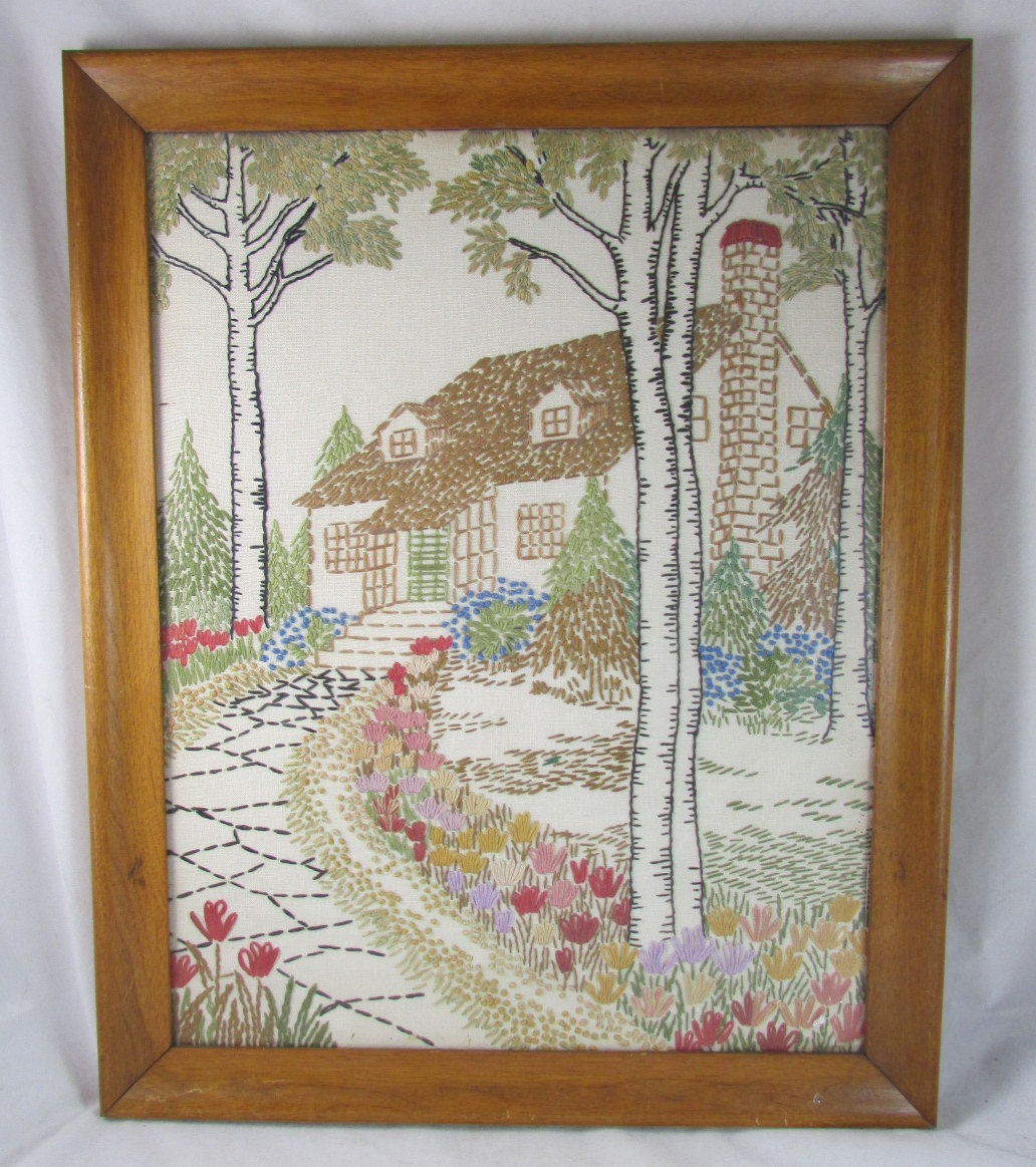 Cottage Landscape Embroidered Wall Hanging Framed by adolladaystl