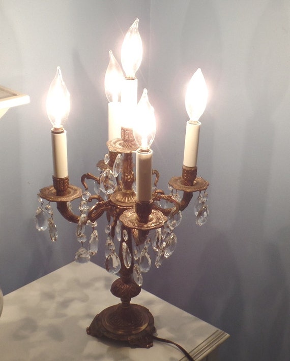 Vintage Brass & Crystal Candelabra LampMade in by RoseberryManor