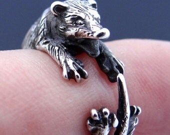 Opossum Ring, Possum, 925 Sterling Silver Ring, Animal Ring, Handmade Animal Jewelry, Adjustable Ring, Marsupial Animals, Different Sizes