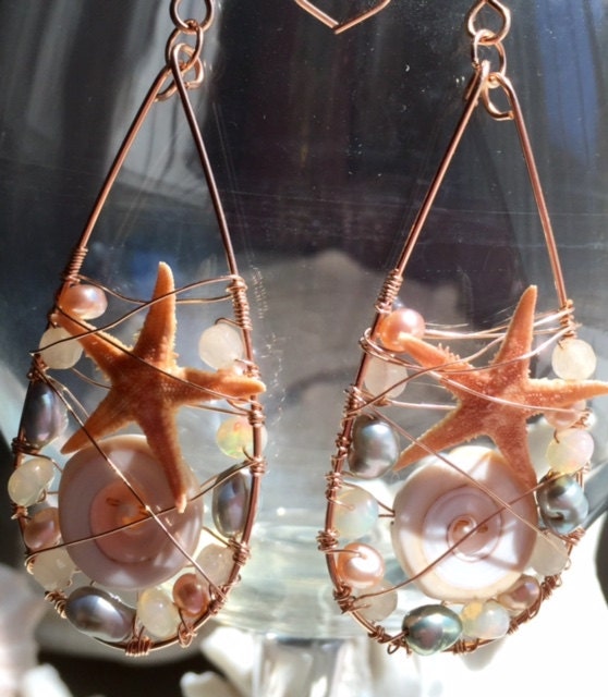 Maui Hawaiian style Shell Earrings with Starfish Pearls Opal