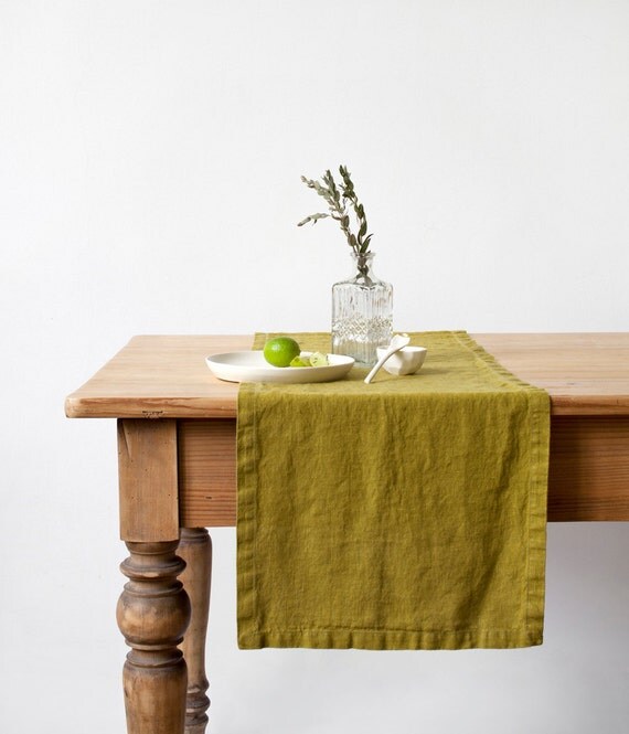 Moss Green Stone Washed Linen Table Runner