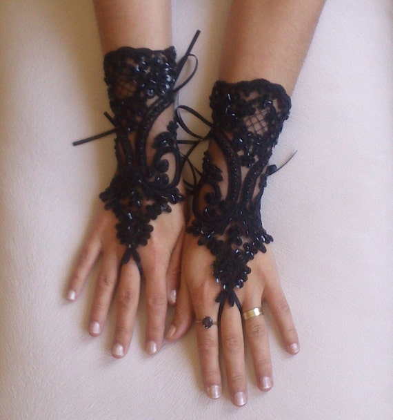 Free delivery Beaded goth gothic lace black Wedding gloves, Party gloves, bridal gloves fingerless gloves french lace vampire