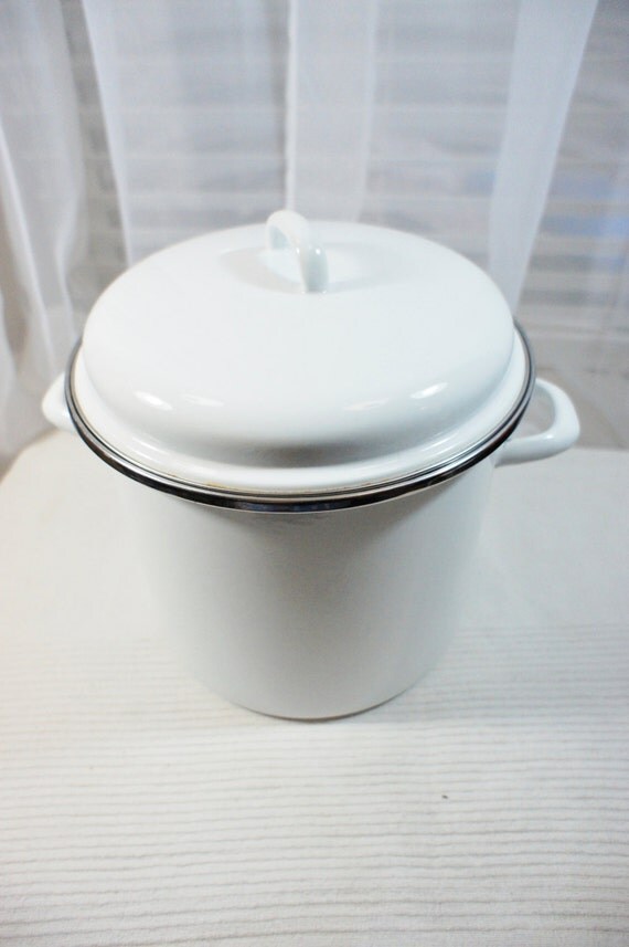 white enamel soup pot with lid stainless trim enamelware