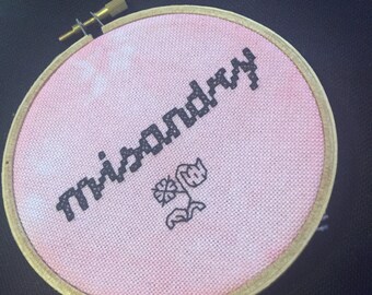Embroidery Hoop Art "Misandry" Black on Raspberry-Pink Hand-Dyed