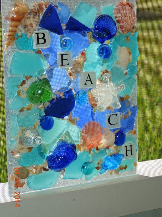 Beach Window Panels stained glass and shells by MosaicsofGlass