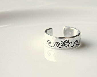 Sea Turtle ring with waves. Hand stamped custom made. Salt Life, beach ring.