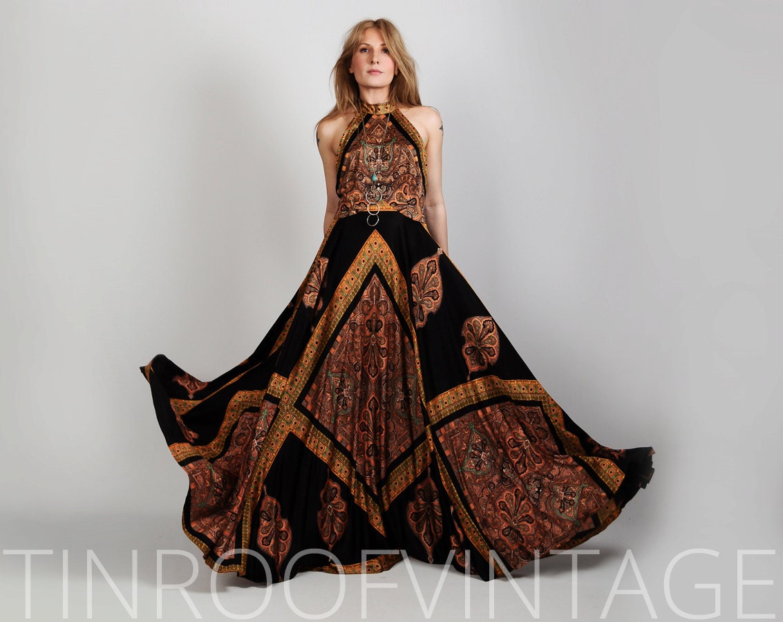 vintage 70s bohemian backless halter maxi dress s s m m scarf vintage 70s bohemian backless halter maxi dress s s m m scarf