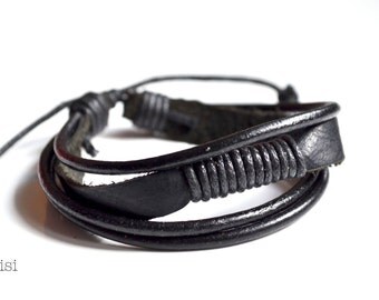 Bracelet black leather cord Men
