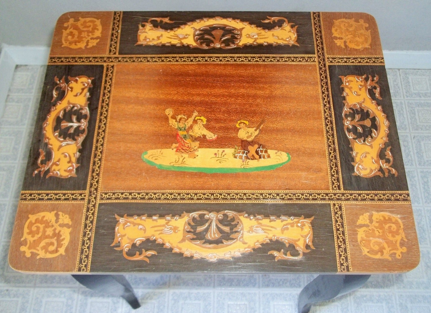 Vintage Wooden Jewelry, MUSIC BOX TABLE Inlaid Wood Marquetry, Italy