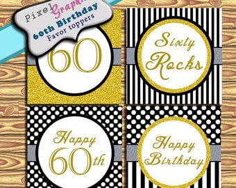 60th Birthday decoration Instant download black gold stripe polka dots Party Supplies Favor Tag Cupcake Topper