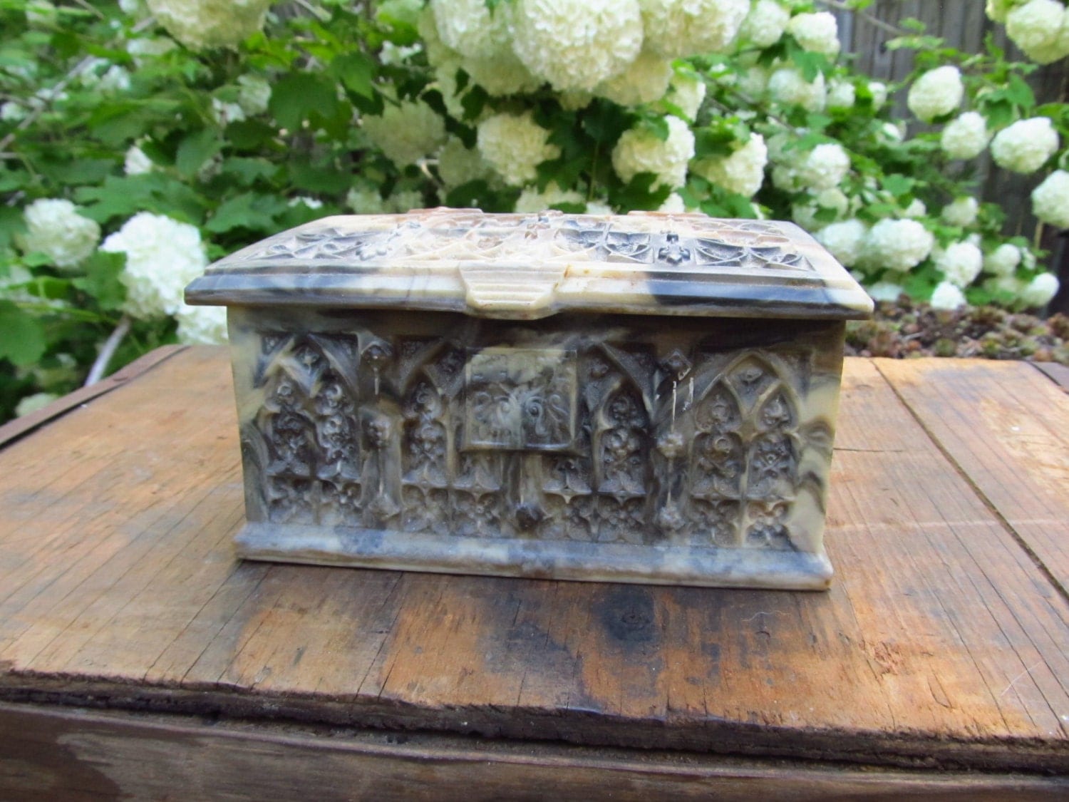 Vintage Incolay Stone Jewelry Box Gothic Cathedral Hinged