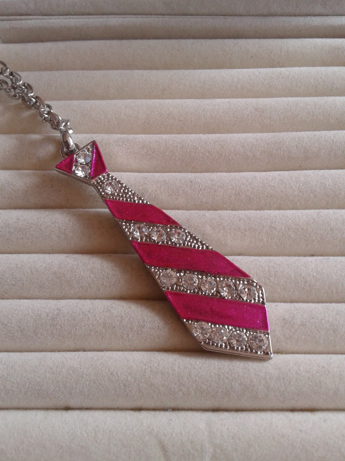 Closing sale Pink and silvertone crystal mens tie necklace