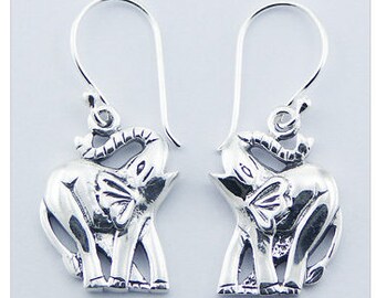 Elephant with Trunk Up Dangle 925 Sterling Silver Earring