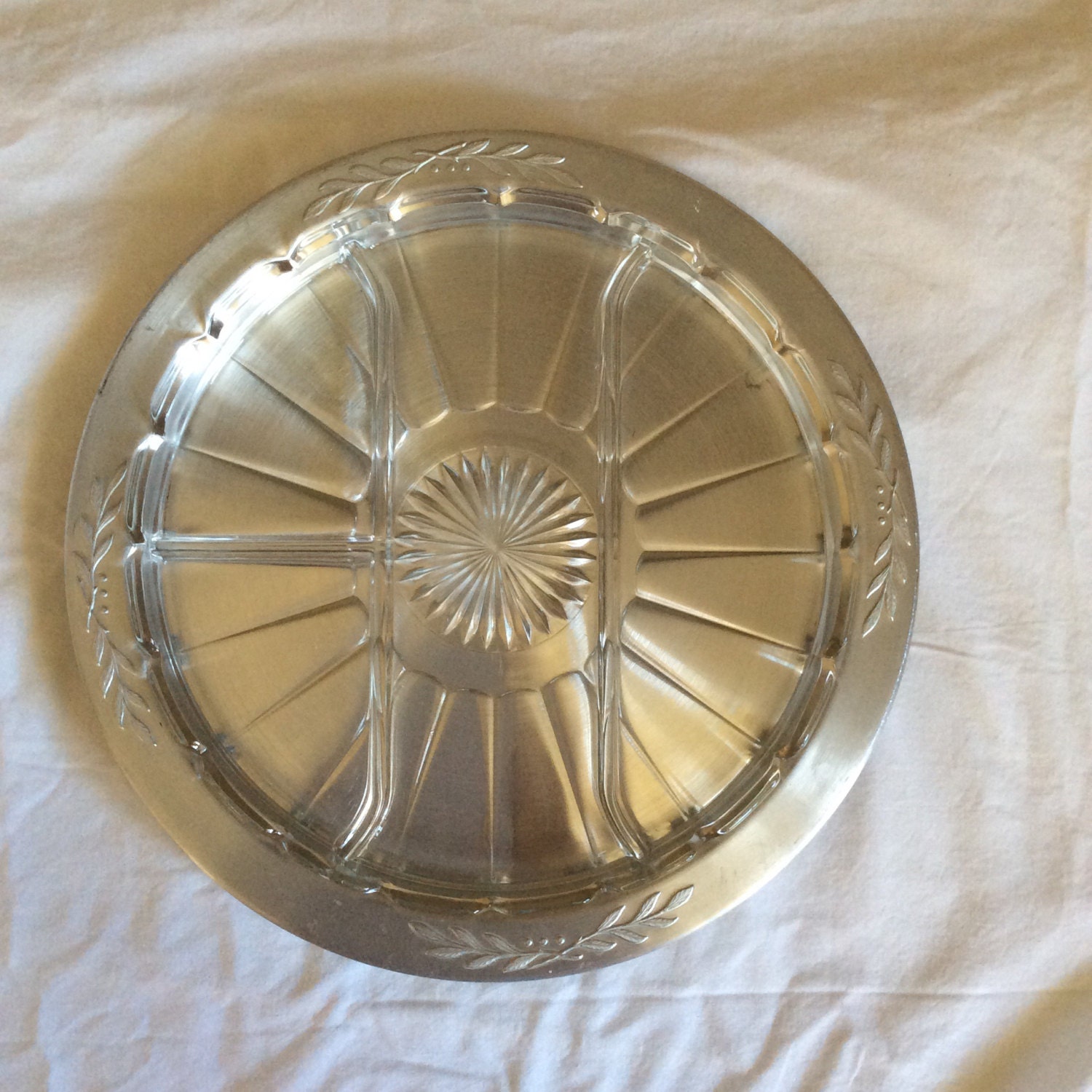 Vintage Hammered Aluminum Serving Tray With Devided Glass