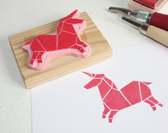 Hand-carved rubber stamp - Origami Unicorn