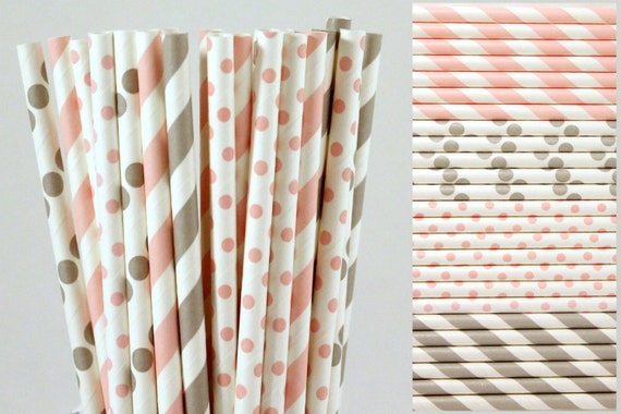Pink Elephant Baby Shower Paper Straws, Pink and Grey Straws, 1st birthday party, It's a girl decor, Polka dot and Stripe party paper straws Il_570xn