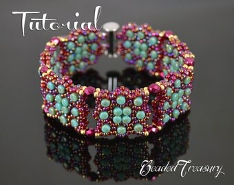 CONSTELLATION Beading tutorial Beaded bracelet pattern with Rulla Fire polished Seed beads Beadwoven turquoise garnet bracelet TUTORIAL ONLY
