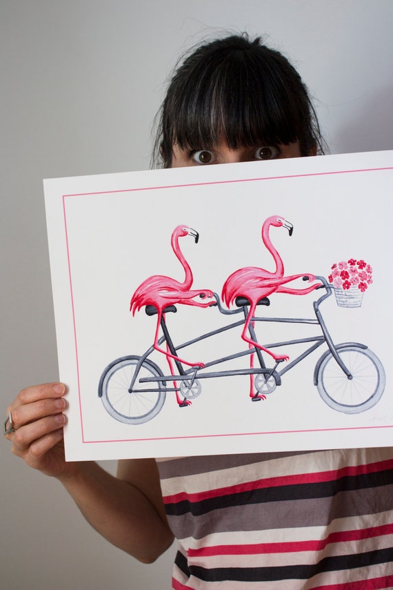 Pink flamingos on tandem bicycle print cycling flamingos