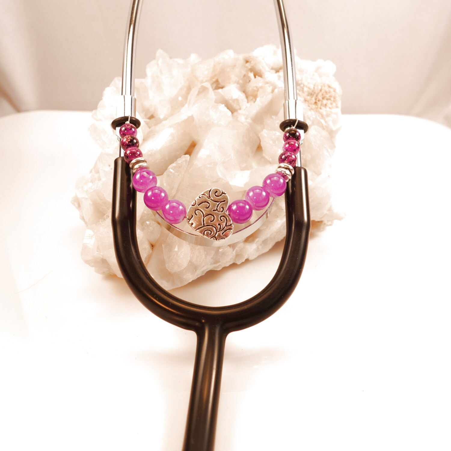 Women's Beaded Stethoscope Charm Fuchsia with Silver Heart