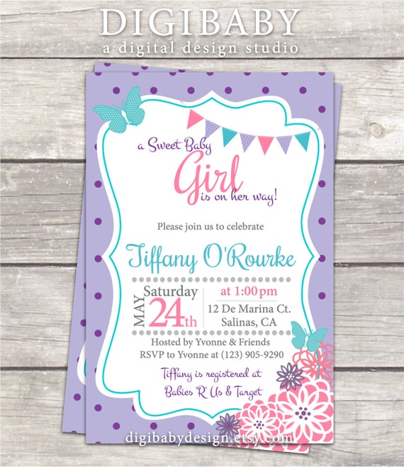 Items similar to baby girl shower invitation, purple polkadot ...