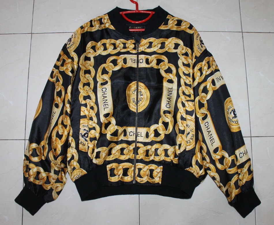 Vintage Black CHANEL Bomber Gold Chain Silk Jacket Haute Juice