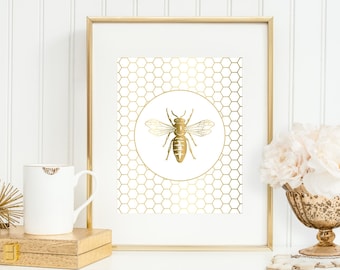 Bee Art Print, Bee Honeycomb, Gold Bee Art, 5x7, 8x10, 11x14 Gold 'Look' Art Print, Gold Wall Decor, Bee Print, Bedroom Wall Art, Wall Decor