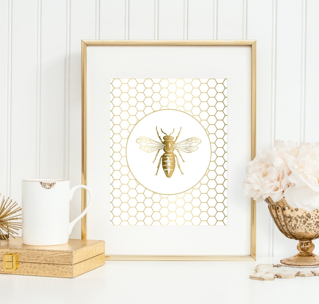 Bee Art Print Bee Honeycomb Gold Bee Art 5x7 8x10 11x141052 x 1000