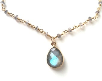 Labradorite necklace, Labradorite Gold Necklace, Delicate Labradorite Teardrop Necklace, Labradorite Rondelle Chain