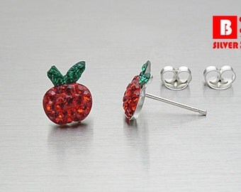 925 Sterling Silver Earrings, Apple Earrings, Red Crystal Earrings, Fruit Earrings, Stud Earrings (Code : EC13)