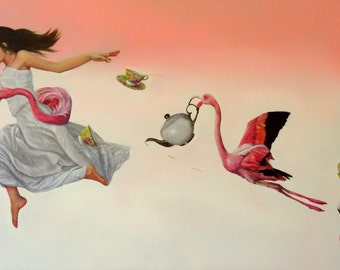 Giclee Small Print of original painting "Earl Grey with a Dash of Flamingo", woman in white dress with flamingo and tea set