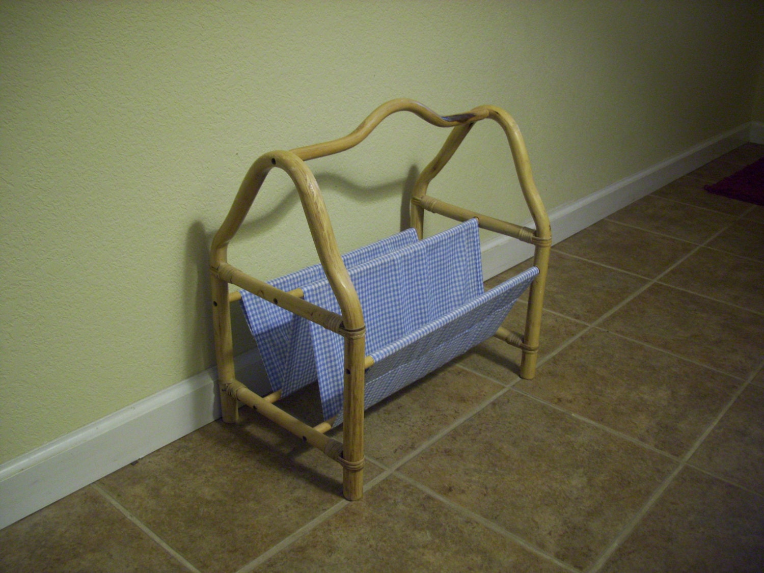 Vintage Cane Magazine Rack Childrens Book Rack Blue Gingham Nursery
