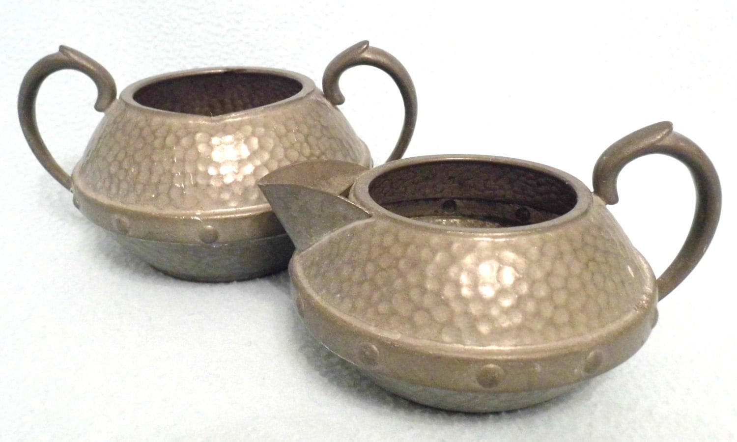 Vintage Hand Made Pewter Sugar Bowl and Creamer Set, Hand Hammered