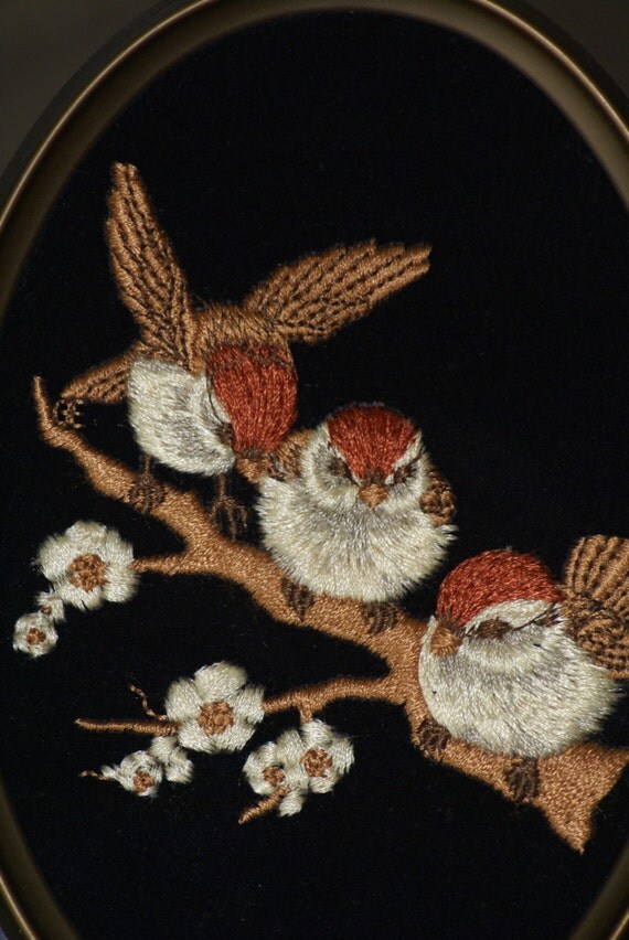 Framed Embroidered Birds on Black Velvet Wall Art by Ecstasy