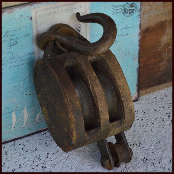 Antique Wooden Pulley / Large Double Rope Pulley / Industrial