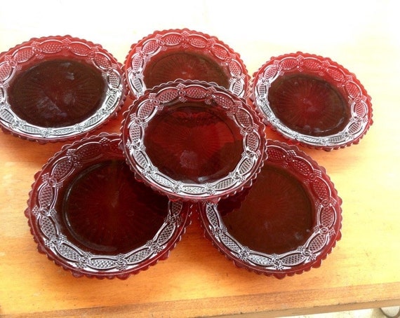 Avon Cape Cod Ruby Red Glass Dinner Plates Set of Six Red