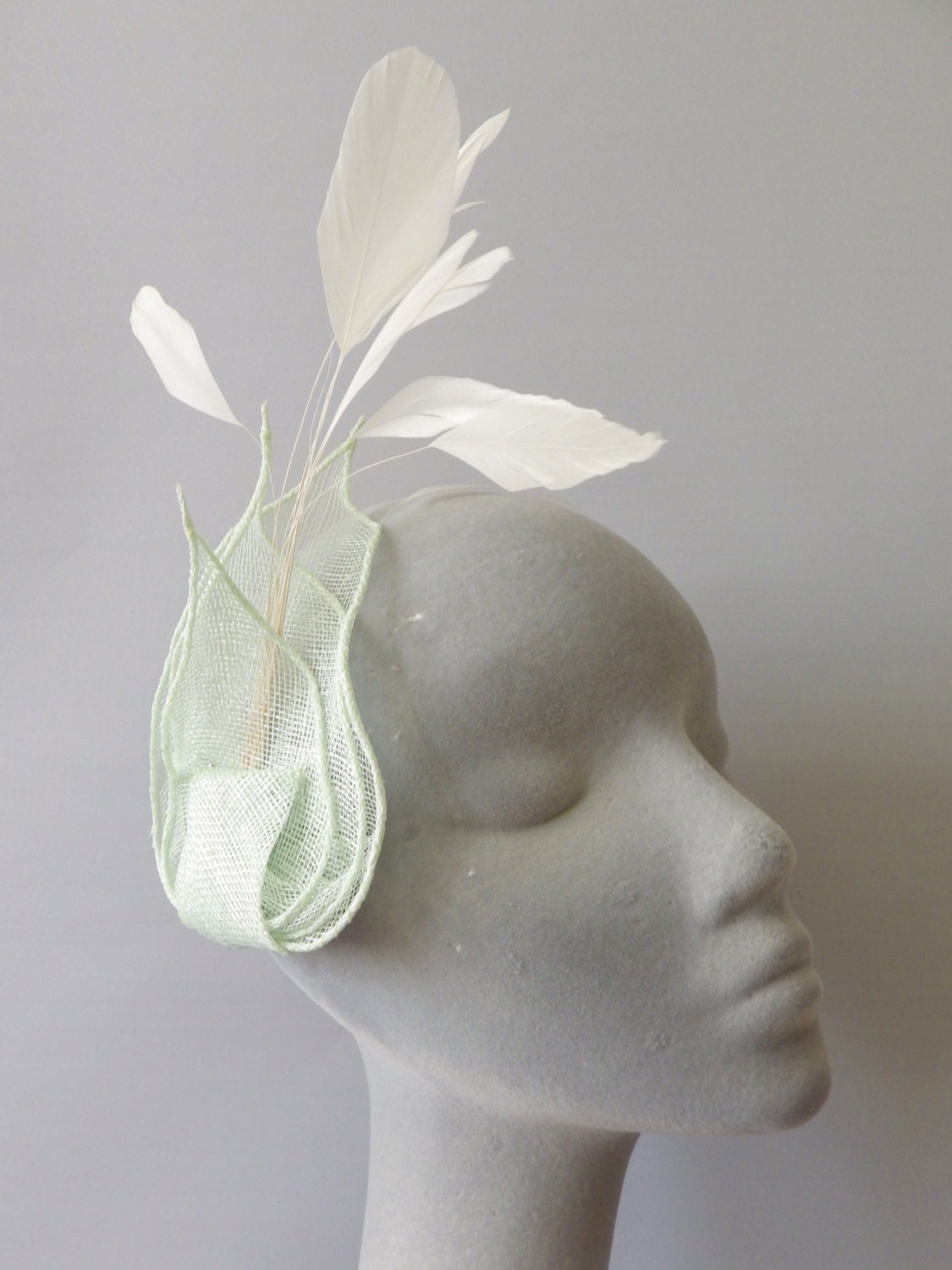 Pale Green And Ivory Fascinator Cocktail Hat. Sinamay And