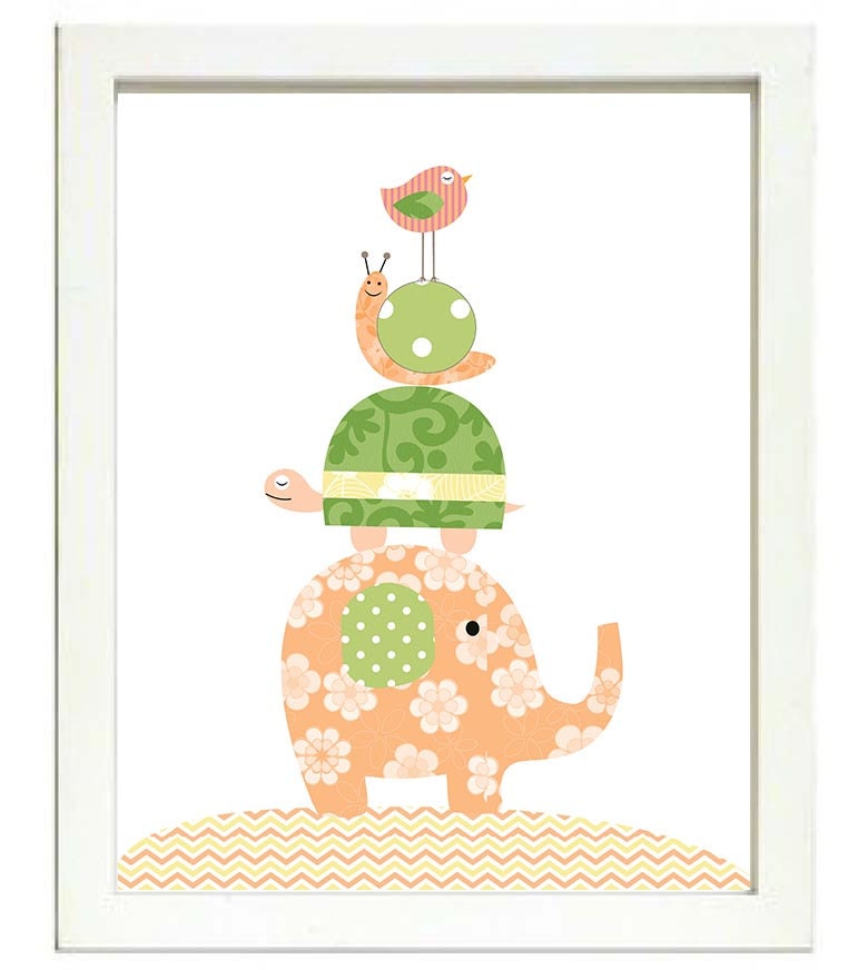 Bird Snail Elephant Nursery Art Print Baby Animal Chick Peach Coral Orange Green Mint Polka Dots Wal