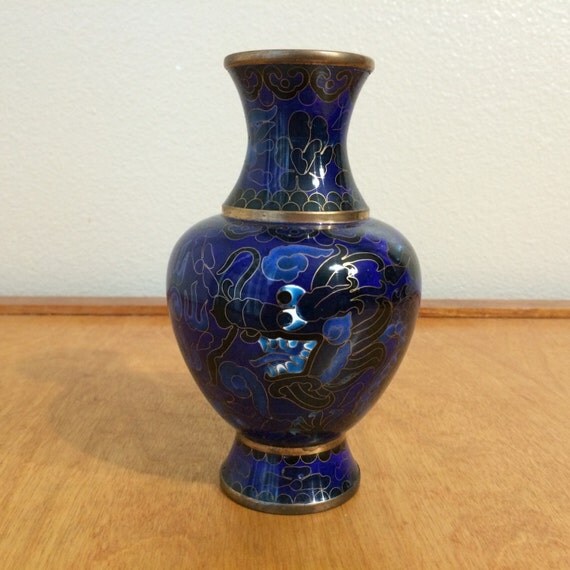 Blue Asian Cloisonné Vase with Blue Dragon Design Vintage
