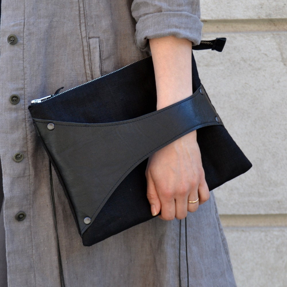 Leather Detail Cross Body Bag / Clutch in Black by SalmiakStudio