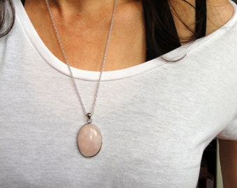 Long silver rose quartz necklace, Rose quartz necklace, Long silver necklace, Rose quartz teardrop necklace