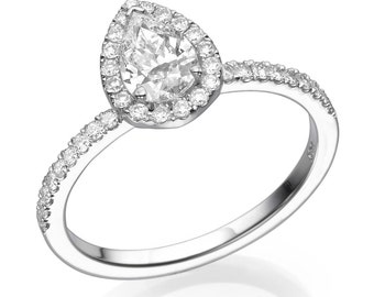 Pear Engagement Ring, 14K White Gold Ring, 0.7 CT Diamond Ring, Halo Engagement Ring, Pear Shaped Ring, Halo Ring