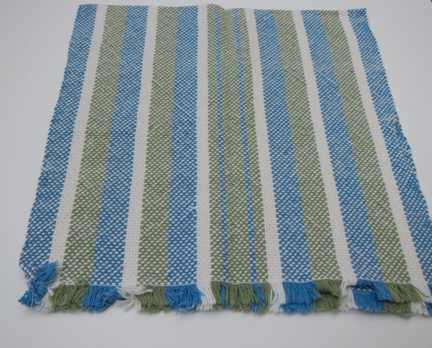 Handwoven striped towel blue green and white by WarpedWeavings