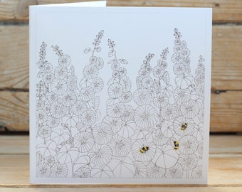 Hollyhocks & Bumble Bees Greeting Card