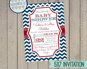 Red, White and Blue Nautical themed Baby Shower Invitation, Customizable, 5X7, Chevron, Digital File