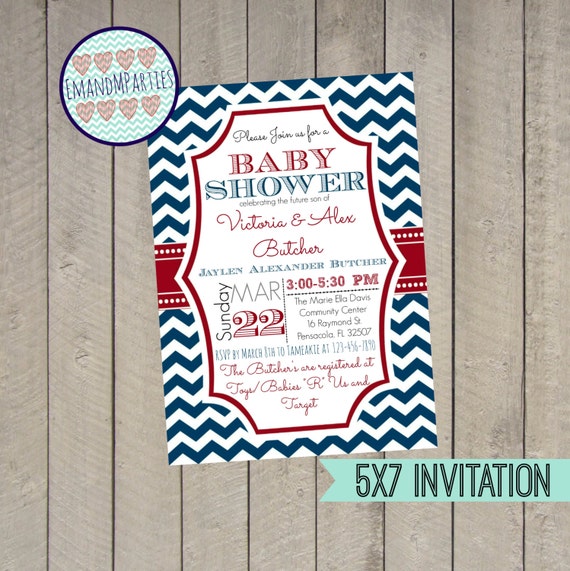 Red White and Blue Nautical themed Baby Shower Invitation