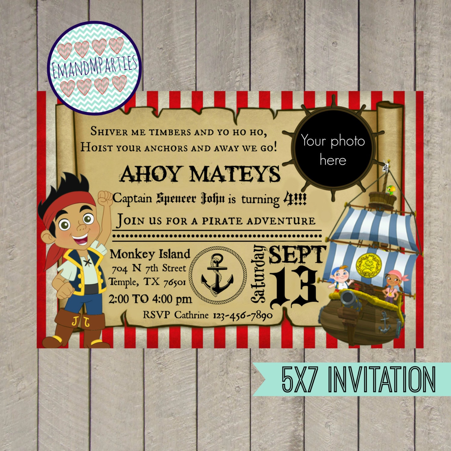 Jake and the Neverland Pirates Party Invitation 5x7